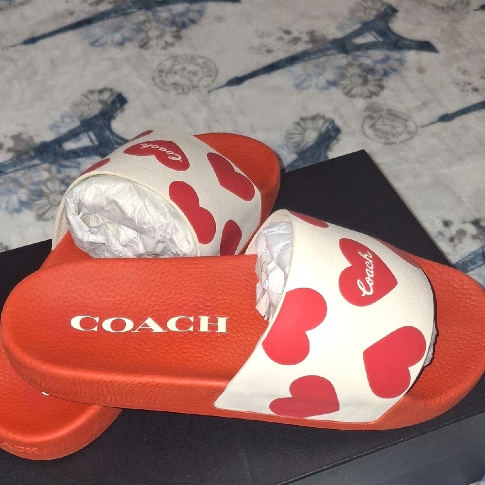 Coach Red and White Heart Slides - Picture 2 of 9
